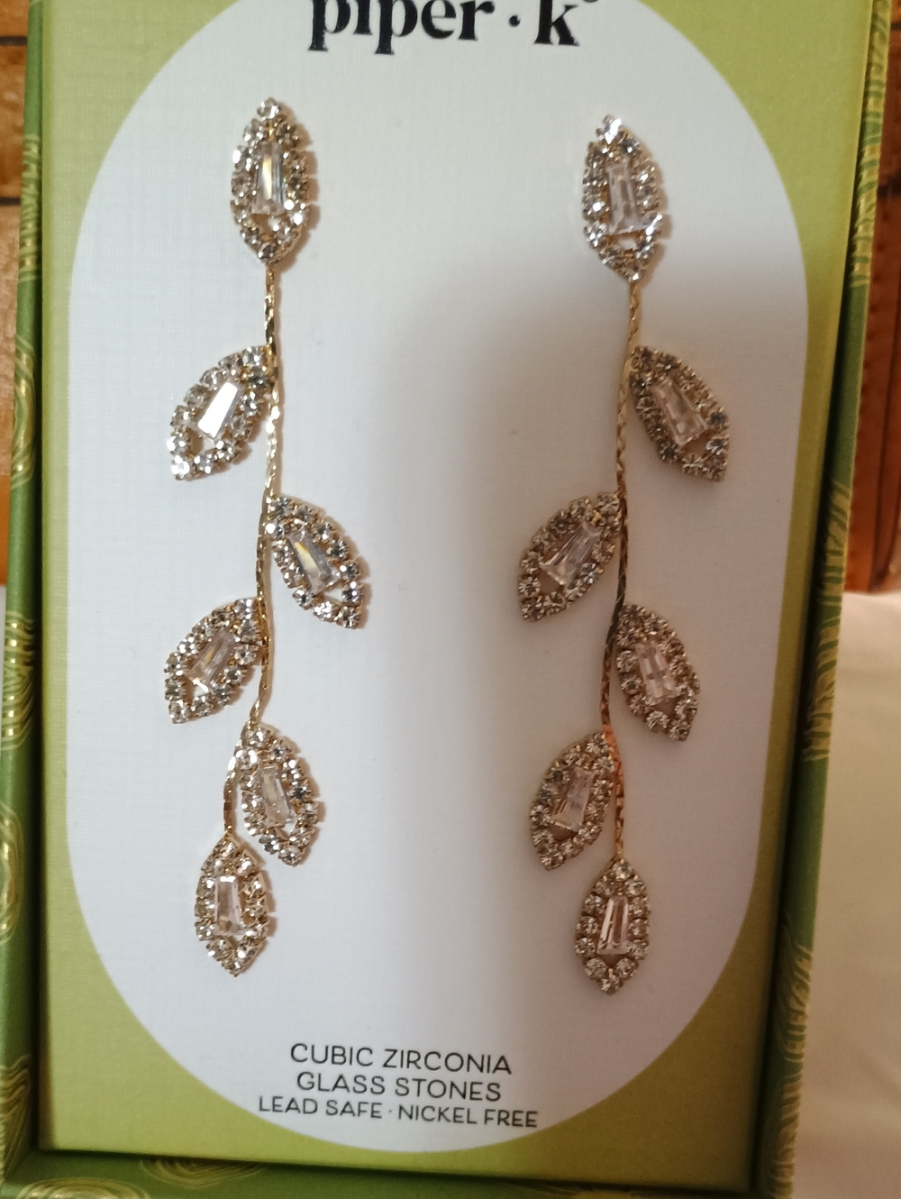 Piper•k Gold Leaf Drop Earrings with Clear Stones